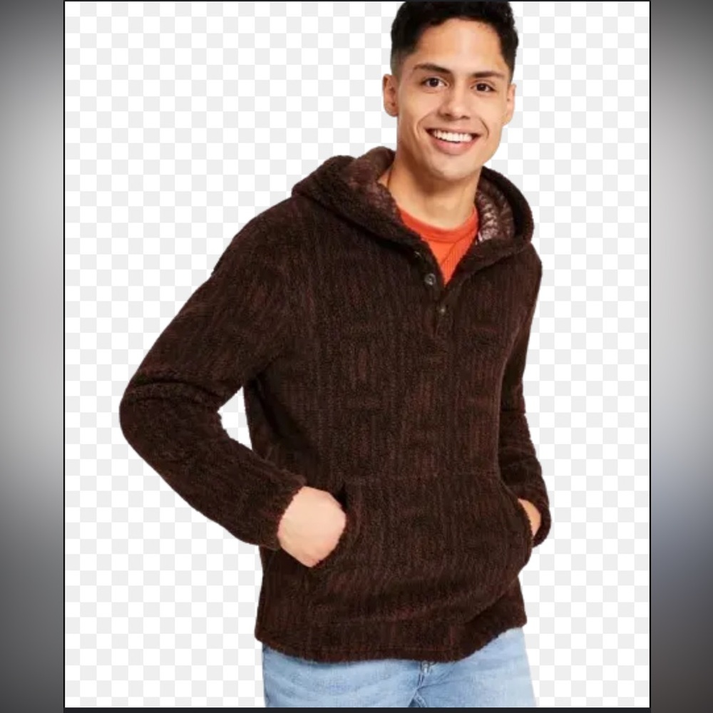 Sun + Stone Sherpa Fleece Hoodie Button up Kangaroo Pocket Chocolate Brown NWT